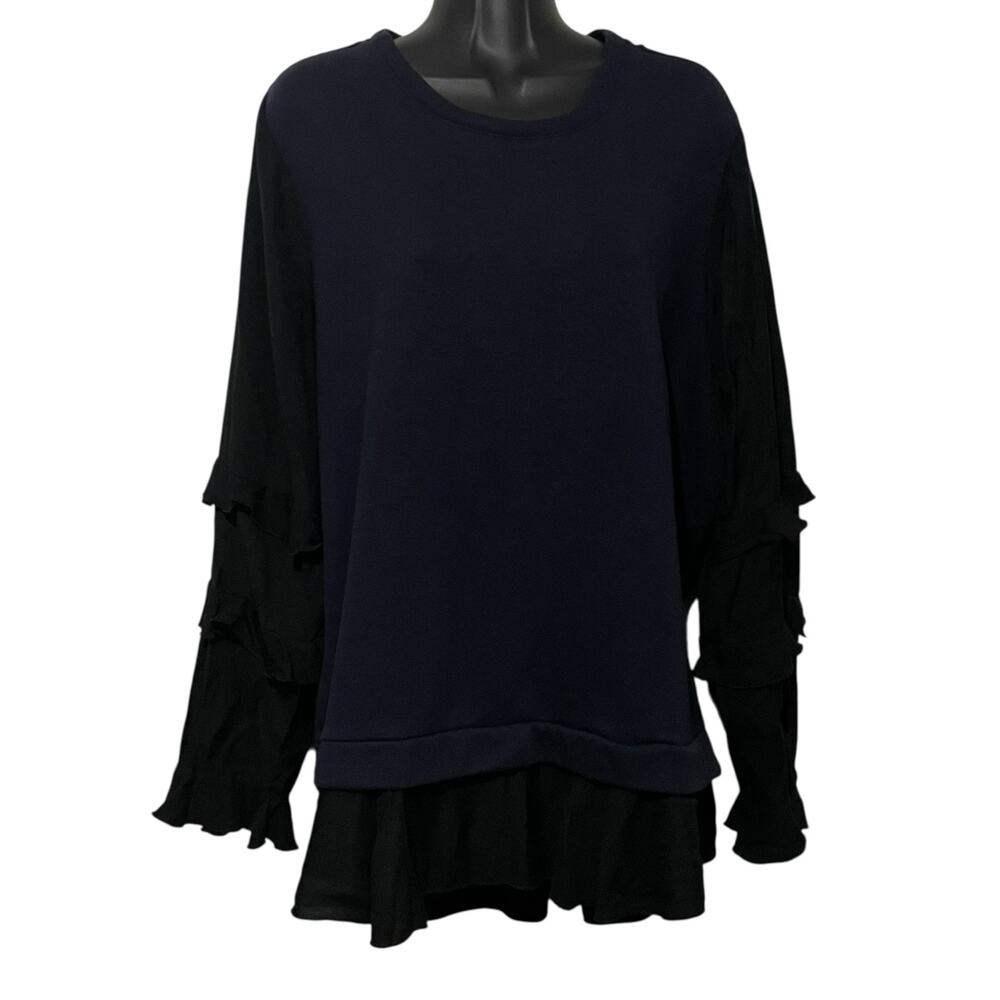 Lane Bryant Womens Shirt Size 14/16 Long Ruffle Sleeves Navy Blue Lagenlook Top